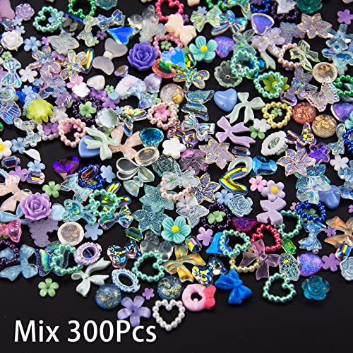 300Pcs 3D Assorted Mix Color Nail Charms Multi Shapes Heart Flower Butterfly Bowknot Shaped Nail Charms Resin Flatback Nail Art Rhinestones Charms For Manicure Diy Crafts Jewelry Accessories #TOP1