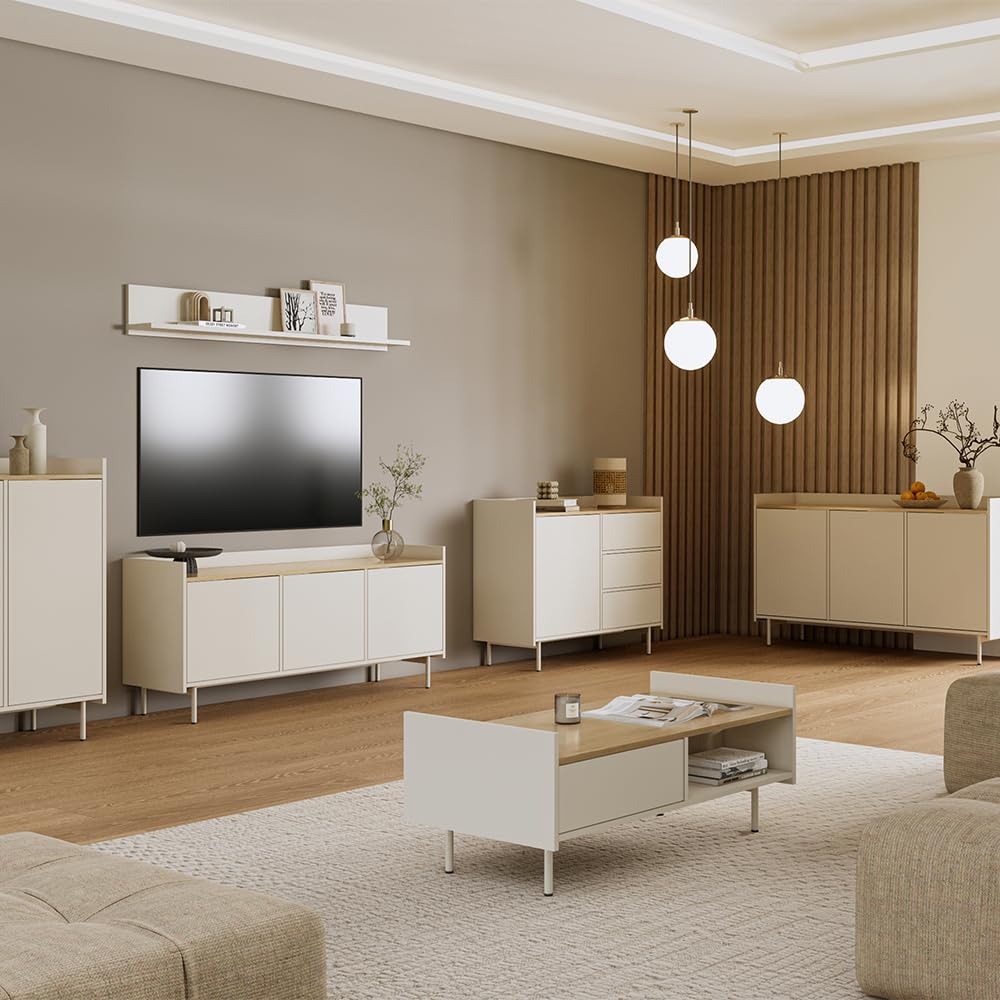 Vicco Mobile tv Velina, Crema, 140 x 63 cm con 3 porte, adatto come mobile TV con vano a giorno