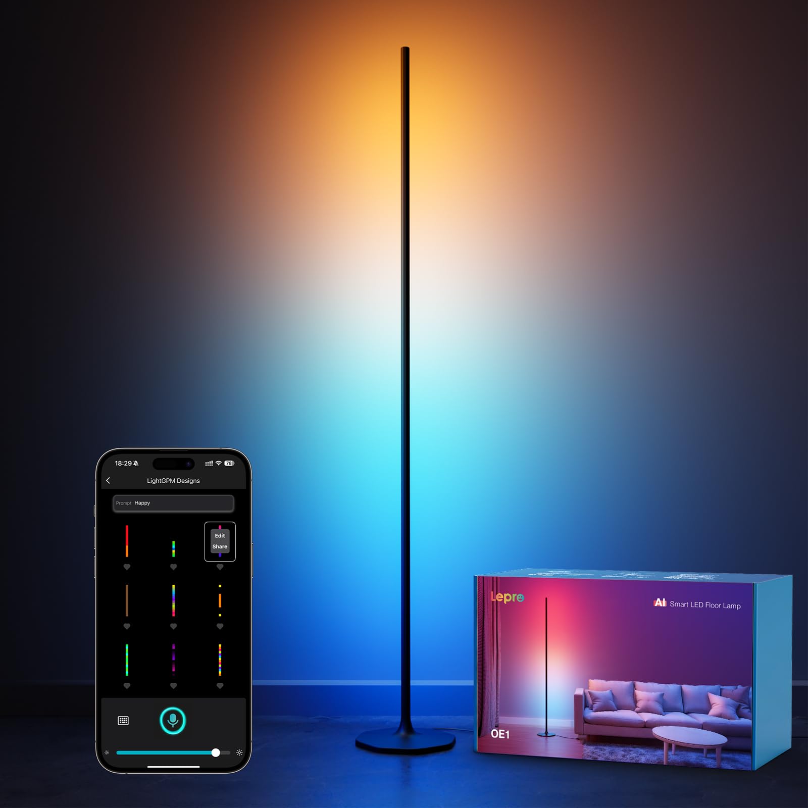 Lepro OE1 AI Inteligentna lampa podłogowa, sterowanie głosem, niestandardowe AI | Światło otoczenia, synchronizacja muzyki, współpracuje z Alexa i Google Home, projektant oświetlenia AIpara sypialnia, salon