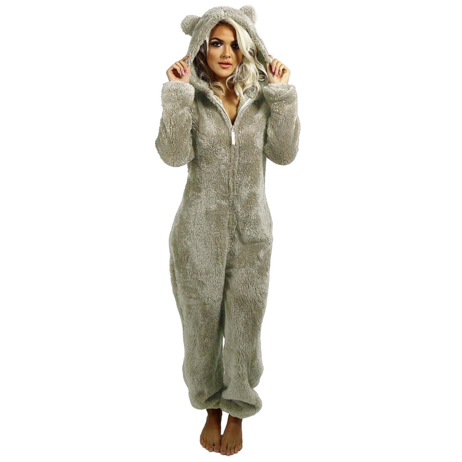 Tuta Da Donna In Pile Teddy Pigiama Lungo Con Cappuccio E Mezza Zip | Tuta Invernale Calda Soffice Pigiama Tinta Unita Costume Da Notte Donna Fleece Termica Inverno Vestaglia Tutina