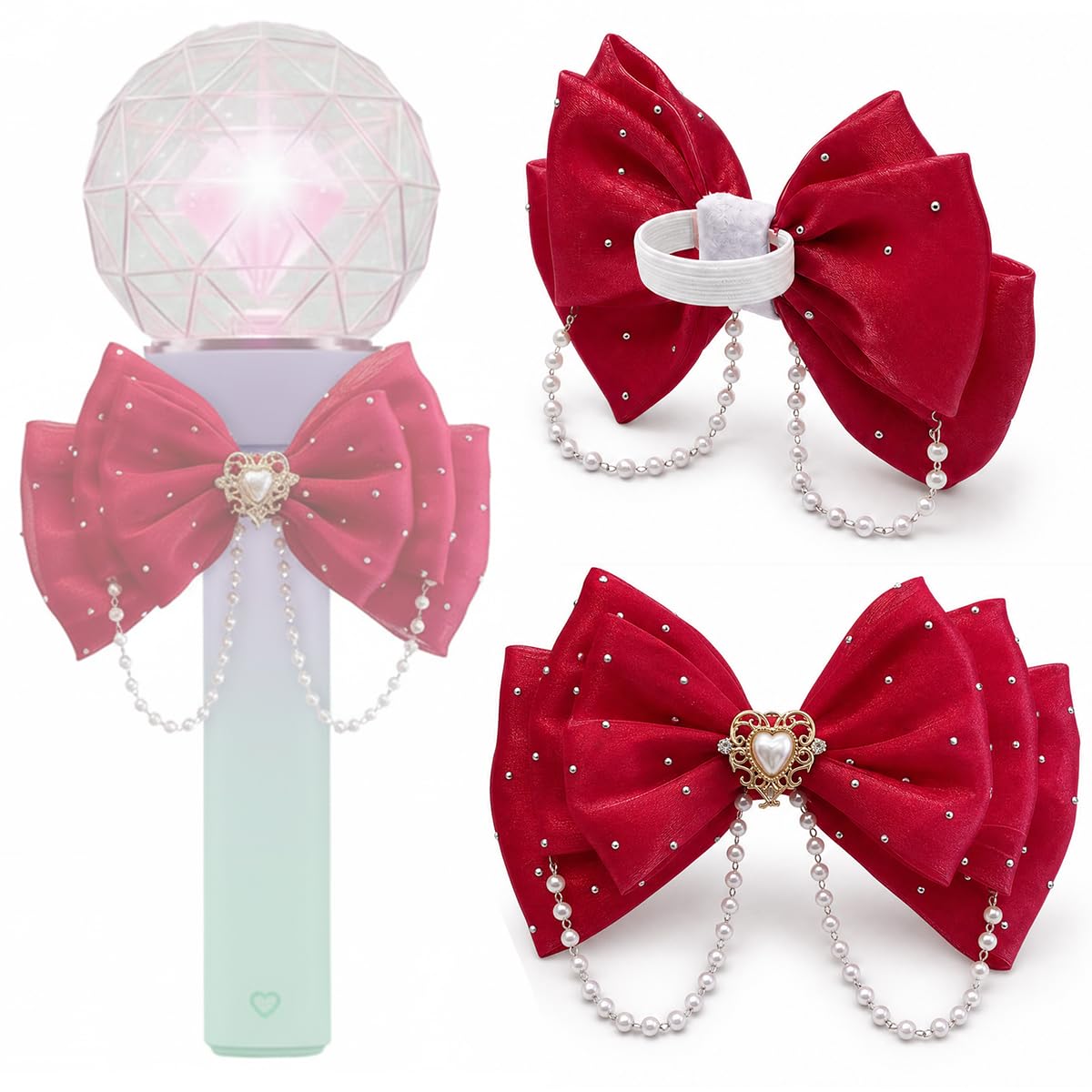 HaisWonsa Kpop Lightstick Bow Decoration - Cute Lightstick Decorations Kpop, Adjustable K Pop Light Stick Ribbon Bow Decor Accessories for K-pop Concert Essentials Ornaments Idol Fans Party, Red