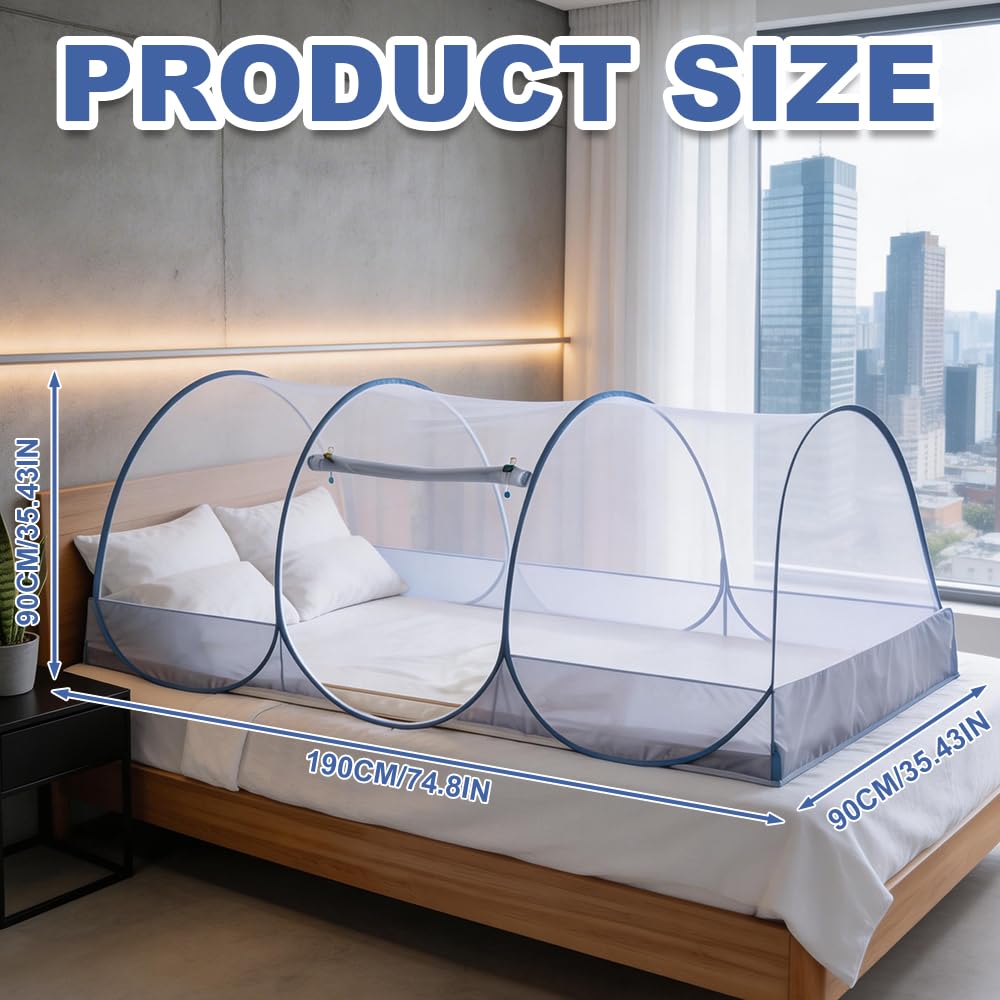 Mosquitera plegable, ultraligera para cama con cremallera, mosquitera portátil para cama individual, mosquitera de instalación gratuita para viajes al aire libre, camping (190 x 90 x 90 cm)