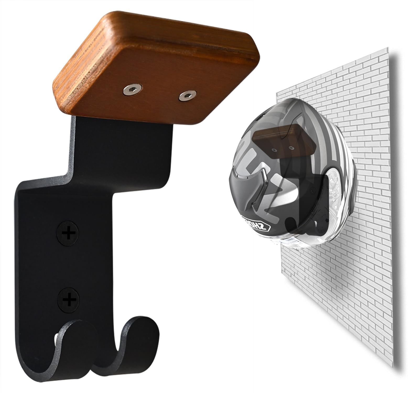 Helmet Holder Wall Mount, Motorcycle Gear Rack with 2 Key Hooks, Constructed with Solid Wood & Strong Steel for Bike Tactical Gear Baseball Football Skiing Helmet