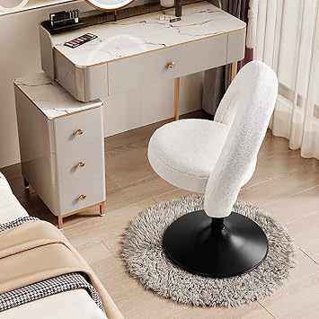 homary Modern White Boucle Adjustable Vanity Stool with Ring Back Swivel Makeup Chair with Comfortable Foam Cushion & Black Metal Base for Dressing Table, Bedroom