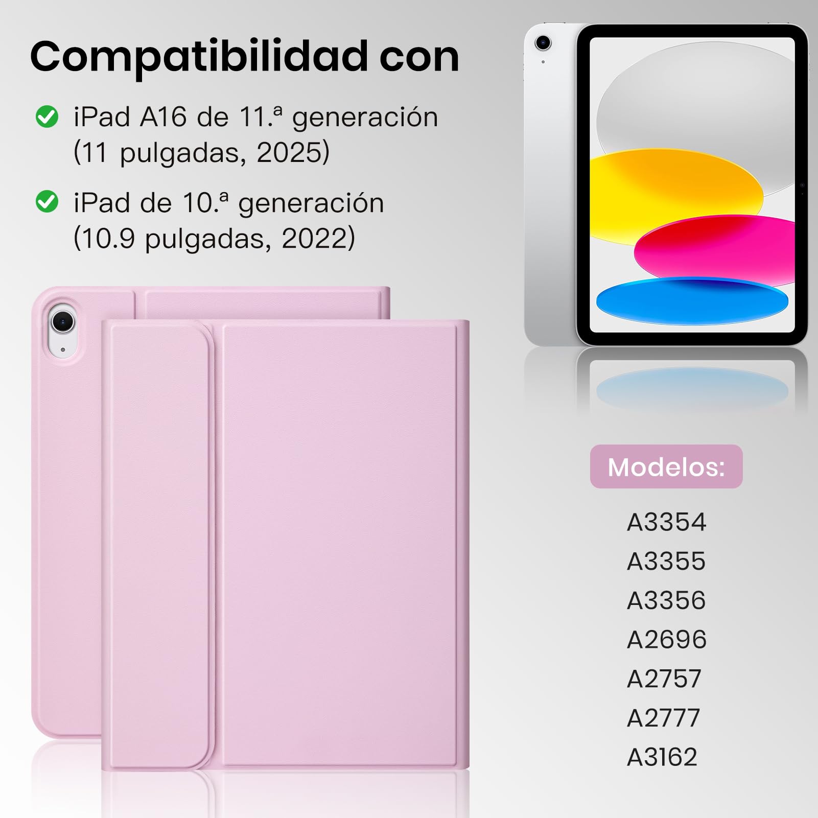Funda Teclado para iPad 11.ª Gen (A16) / 10.ª Generación (11/10.9 Pulgadas) 2025/2022, Soporte para Lápiz y Teclado Recargable, [Español] Magnético Desmontable Bluetooth Teclado (Rosa)