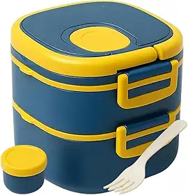 Marmita Dupla Premium - Com Talher e Compartimento para Molho + Cartela de Adesivos 3D - Leve e Portátil (AZUL) - MJ BRANDS