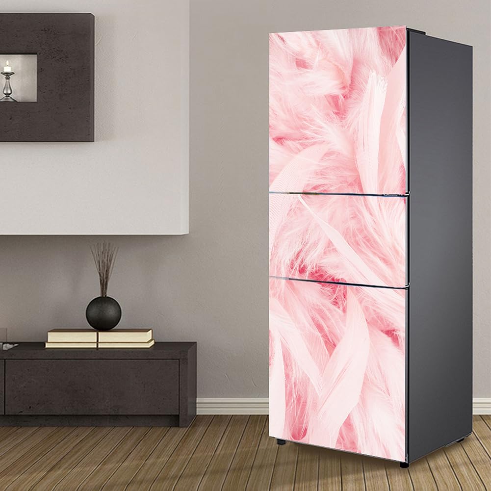 Myxjx Pink Fridge Wrap, Full Covering Door Fridge Covers Skins Wall Stickers For Kitchen Decal, Soft Feathers