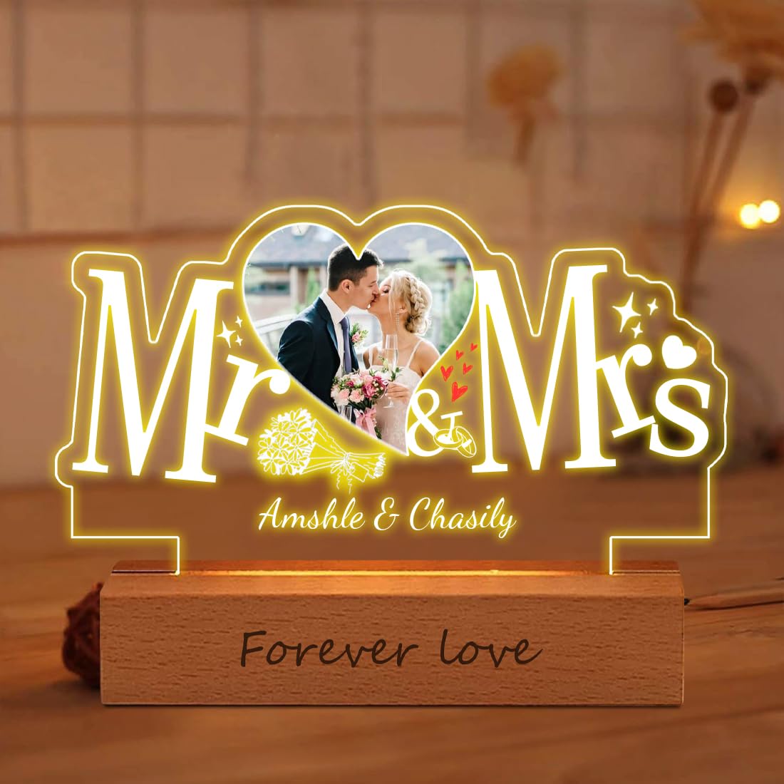 MHJUFGD Personalised Couple Photo Light Custom Name Text Light Up Picture Frame Mr & Mrs Acrylic Heart Photo Lamp Romantic Gift for Lover Girlfriend Wife Birthday Valentine's Day (Style 4)