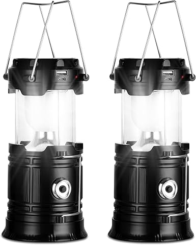 Linterna Camping Solar, Plegable Lámpara de Camping LED, Impermeable Luz para Acampar de Campaña con Gancho, Luz de Camping para Pesca, Excursión, Jardín, Patio etc. (Negro)