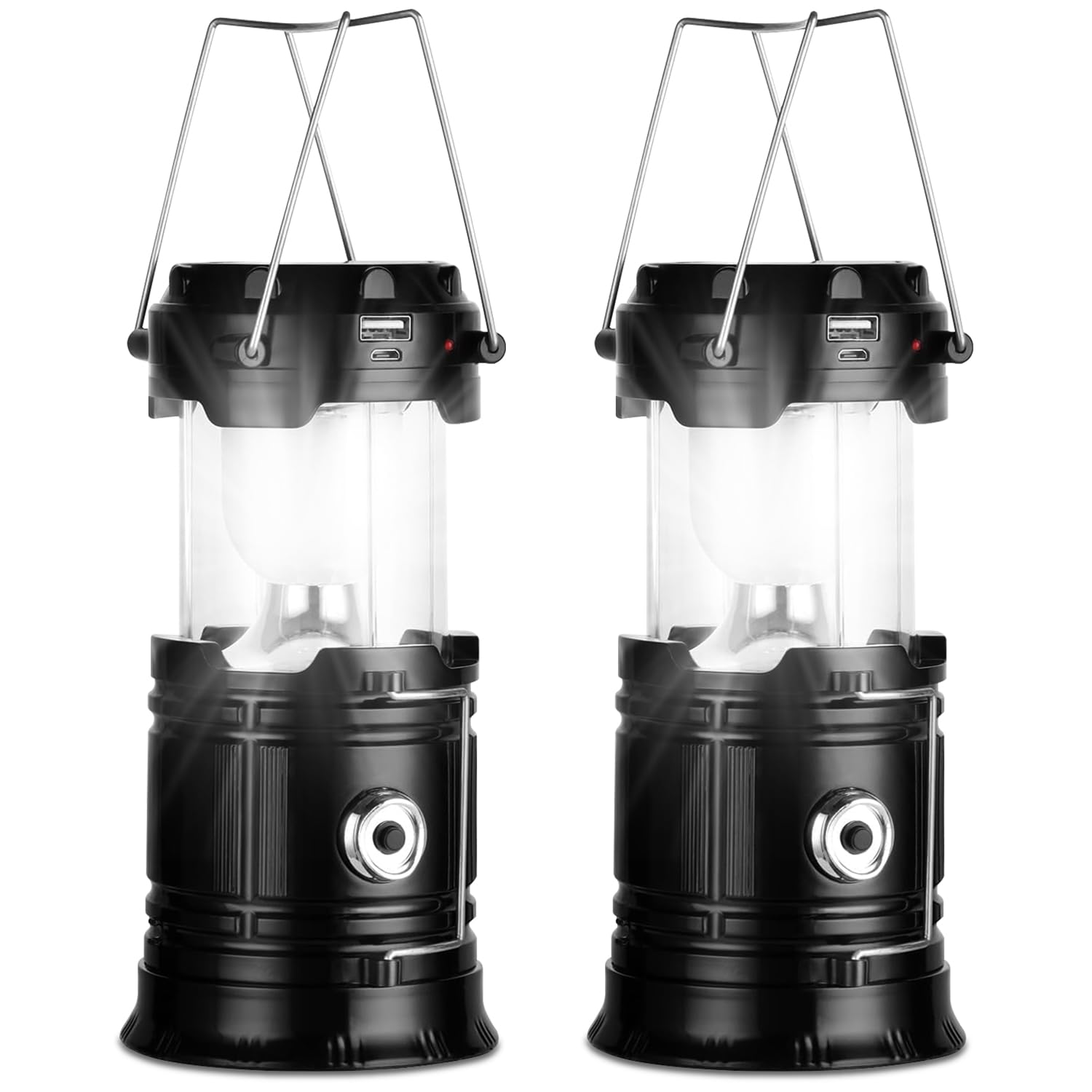 Linterna Camping Solar LED Plegable Impermeable con Gancho, Luz para Acampar, Negro