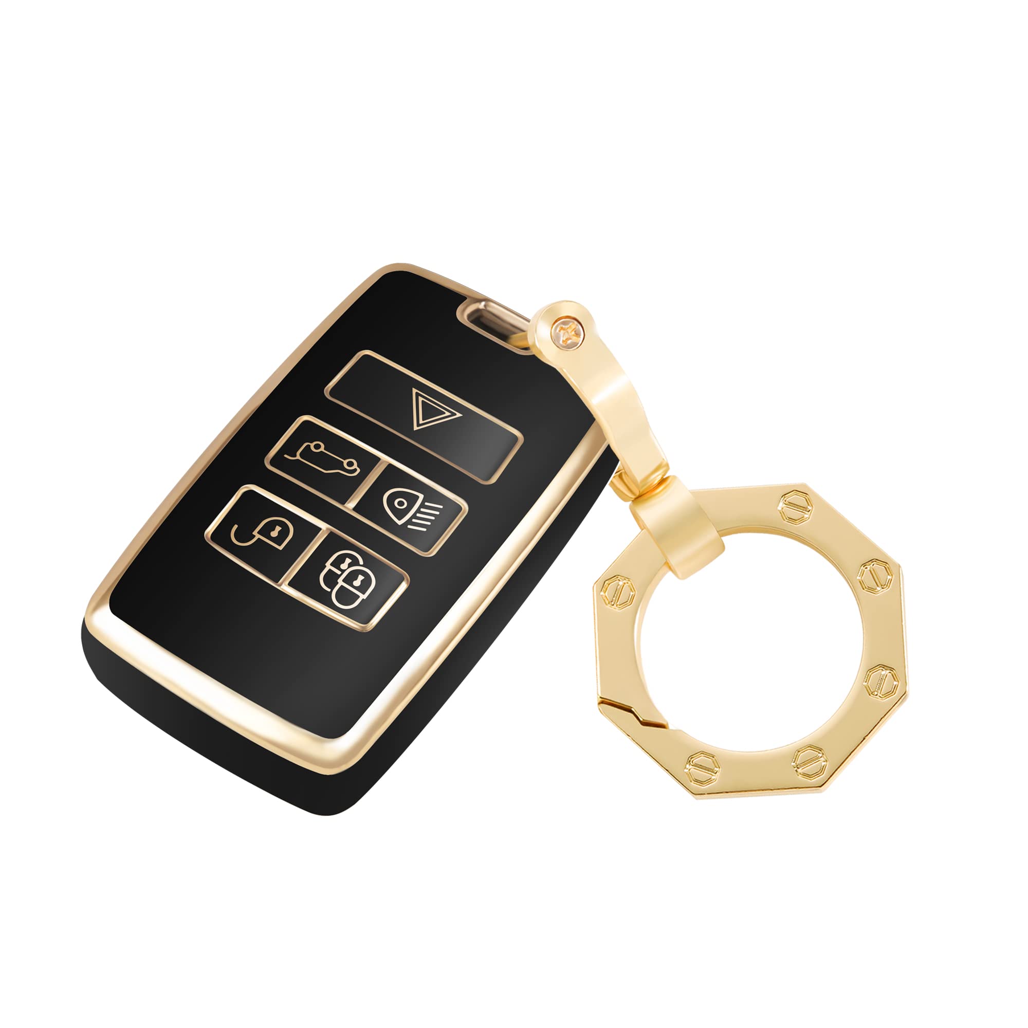 YHC Key Fob Cover Car Key Case Shell with Gold Keychain fit Land Rover Vogue Range Discovery Rover Sport(Black)
