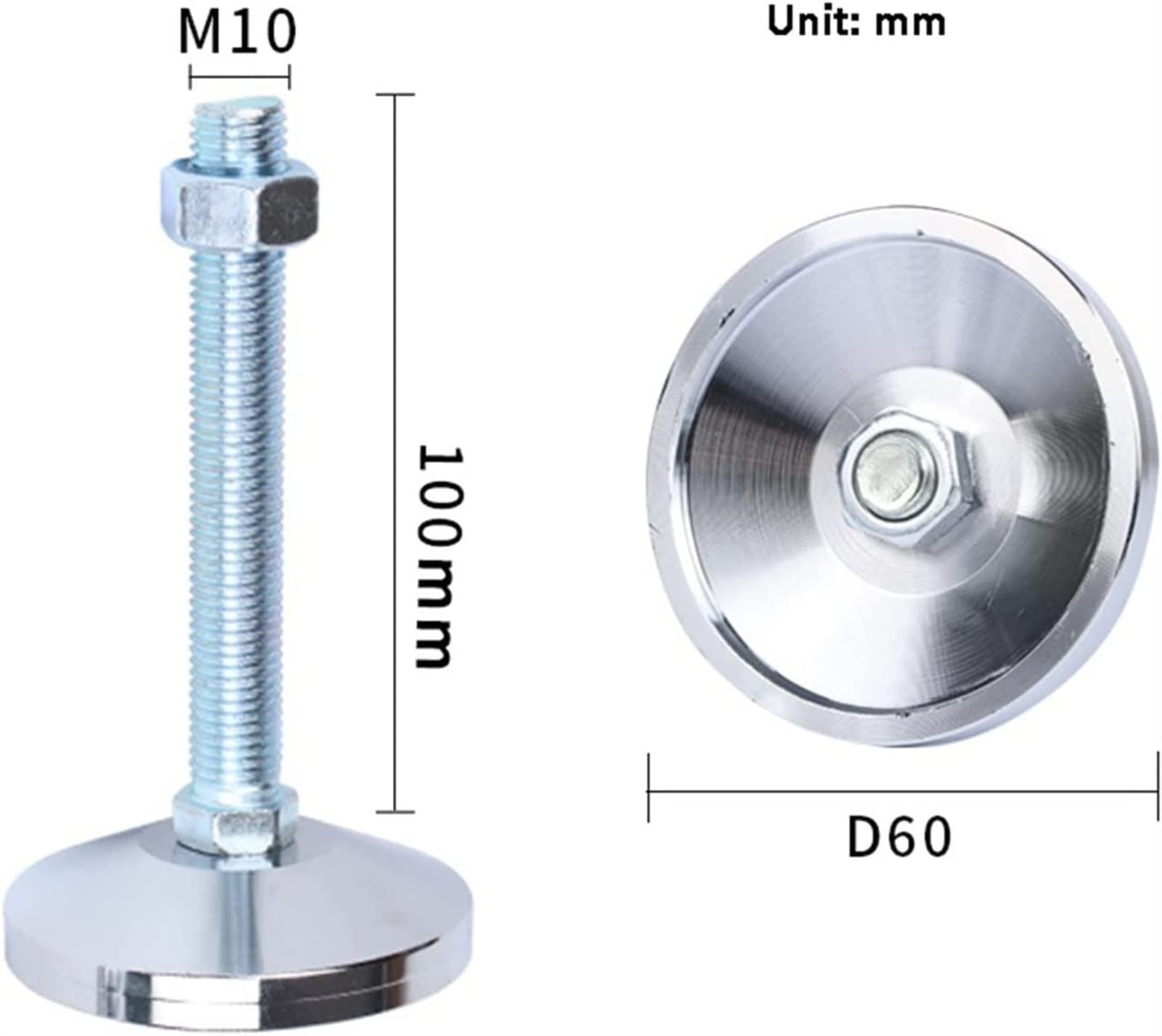 4 piezas, tamaño de rosca M10 * 100 mm, patas de nivelación de muebles pesados de diámetro base de 2.4 ", niveladores de muebles patas de muebles ajustables para gabinetes o mesas (plata M10 * 100 m