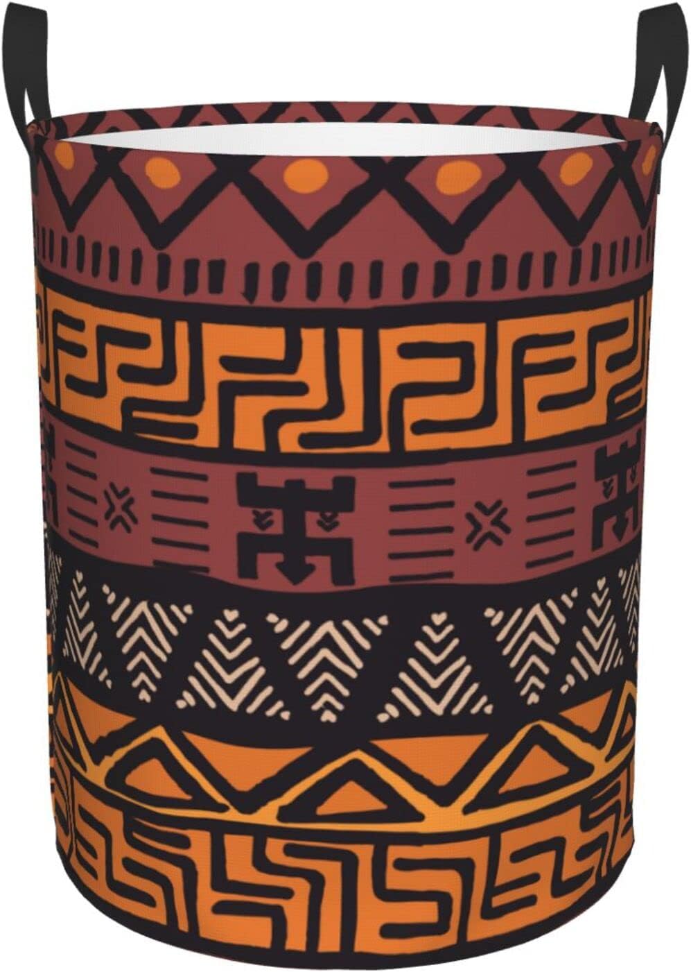 African Mud Cloth Tribal Print Circular Hamper,Waterproof Large Laundry Basket Drawstring Closure,Collapsible Laundry Basket Soft Leather Handles, Small
