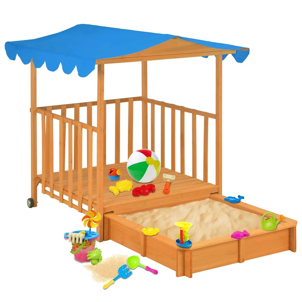 Kinderspielhaus mit Sandkasten aus Tannenholz Blau UV50-Schutzdach, 130x130x143 cm, mit Rollen, Montagematerial, Garten Outdoor Spielhaus für Kleinkinder zum Draußenspielen und Buddeln