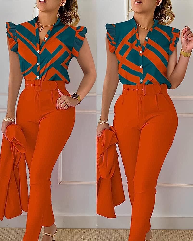 Ensemble Tailleur-Pantalon d'affaires pour Femmes Version Mince de l'élégant Ensemble Trois pièces d'été Chemise imprimée à Manches volantées Chemise Pantalon Tailleur