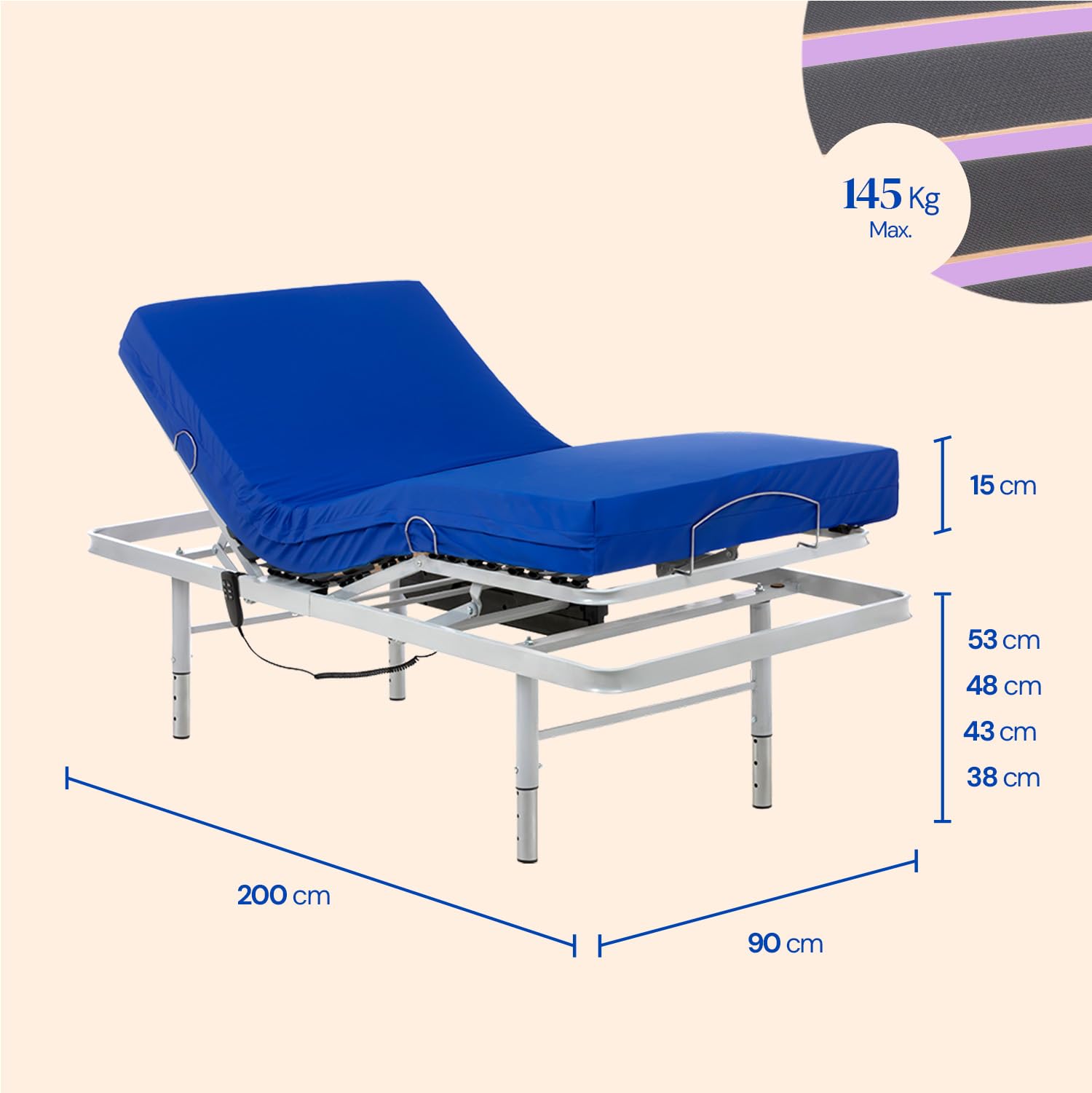 Geriafy - Cama articulada de Patas Regulables eléctrica Reforzada con colchón Sanitario HR Impermeable (90x200)