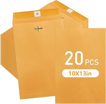 20 Pack 10x13 Inch Manilla Envelopes, Kraft Envelopes with Clasp Closure and Gummed Seal, 28lb Large Brown Mailing Envelopes for Office, School, Business, and Home Use