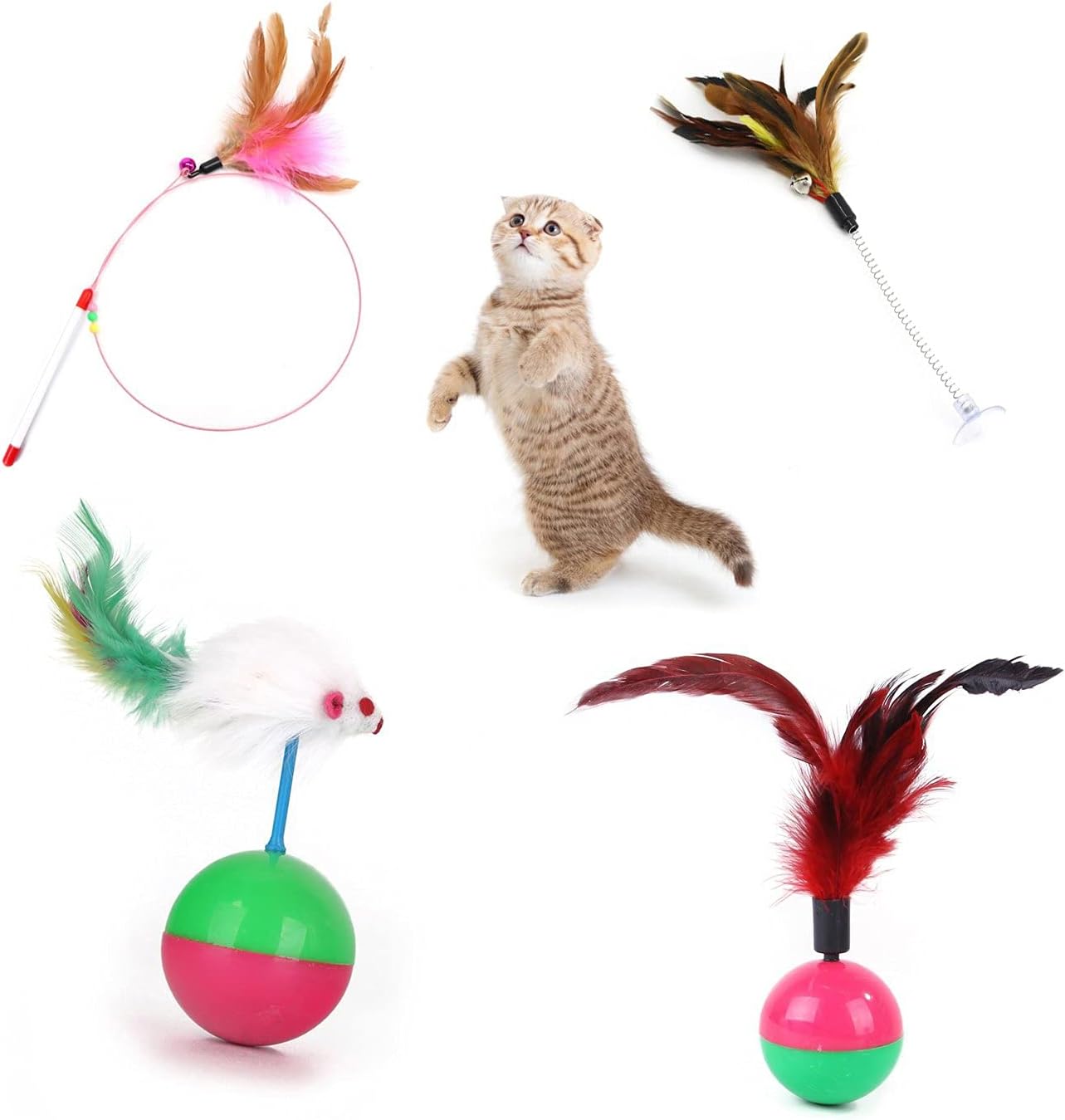 N/B 4Pcs Cat Toys Sisal Ball with Bell, Retractable Teaser Wand Toy, Springs Interactive Feather Toys, Pet Scratching Chew Eco-Friendly…