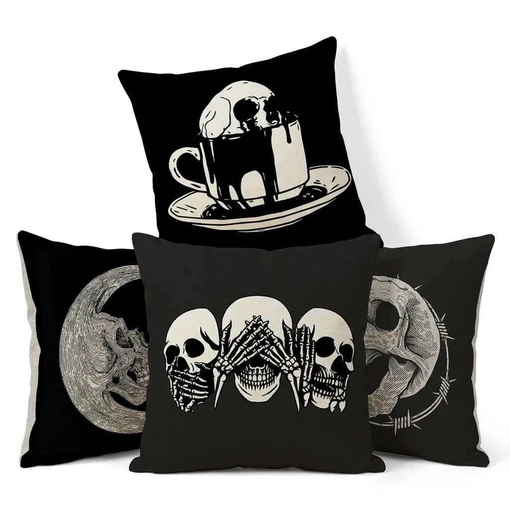 PRK 14 Cushion Covers 4 pcs Halloween Pillow Throws for Livingroom Bedroom Tattoo Art Gothic Skulls Hear No Evil Couples Sofa Horror Scary Pillowcase Set 45 x 45cm