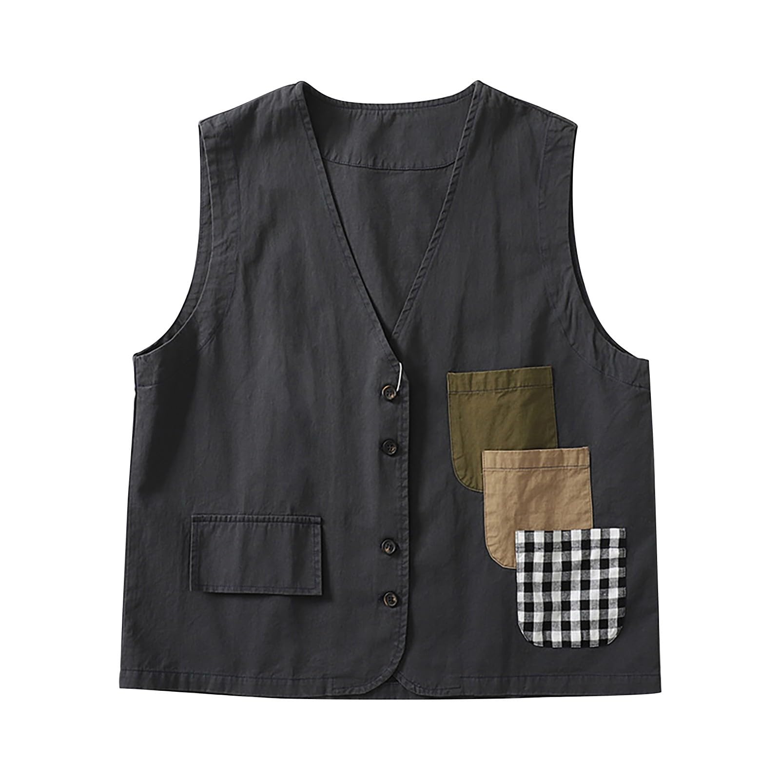 HGps8w Womens Vintage Patchwork Linen Vest Casual Button Down Sleeveless V Neck Lightweight Waistcoat Jacket with Pockets