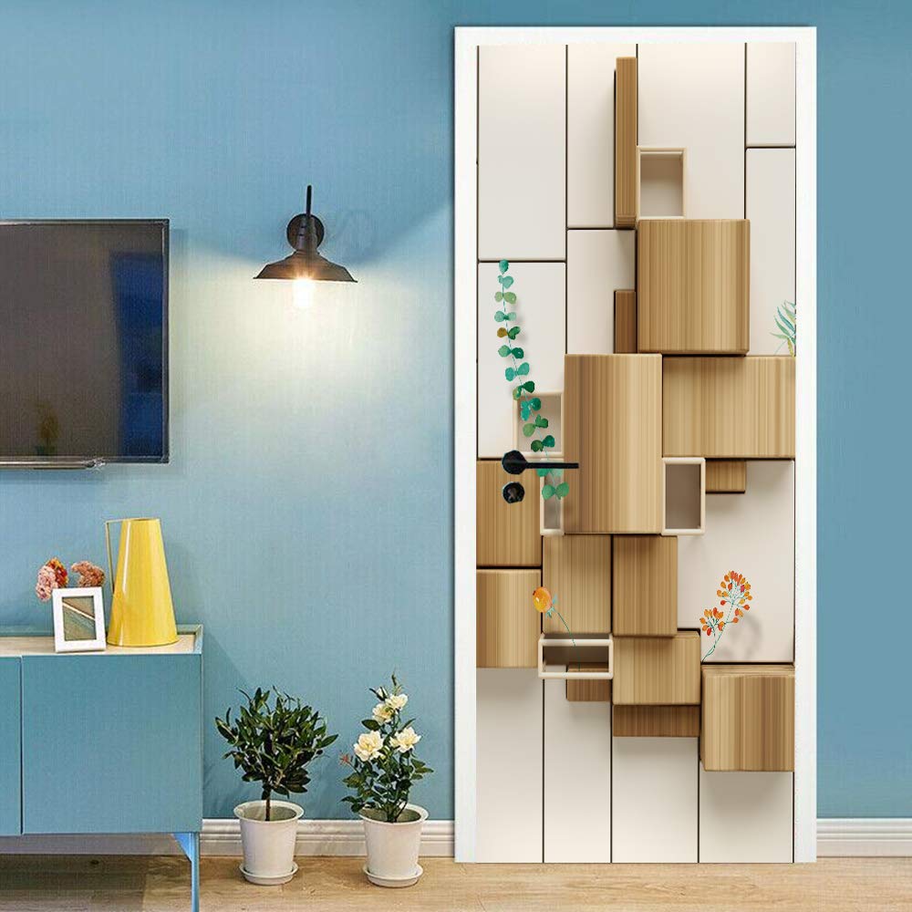 Sticker de porte trompe l'oeil bloc bois 3D 88x200cm pour deco