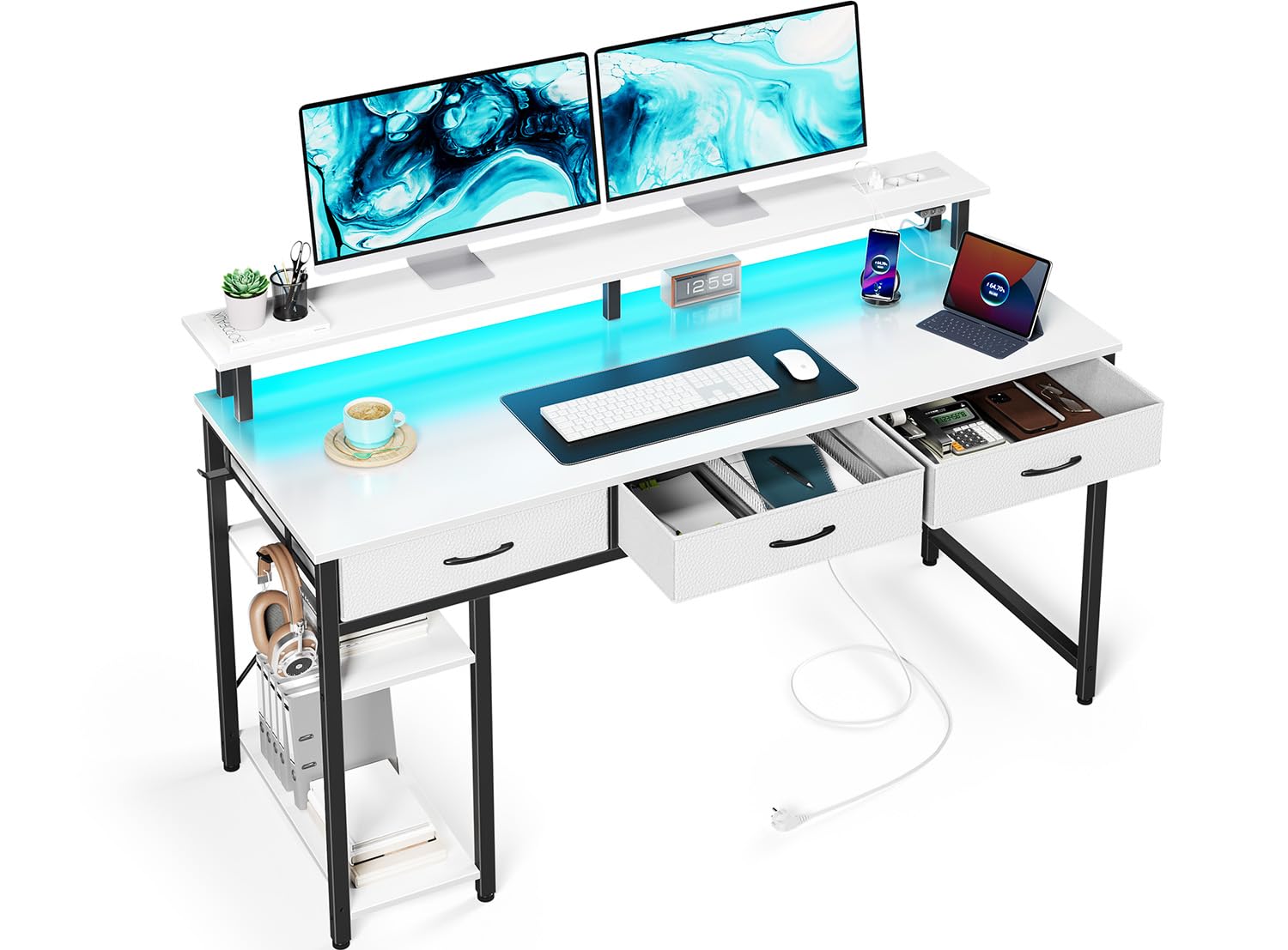 SEVEN WARRIOR Bureau avec tiroirs, Table Informatique équipée de Prises et LED, Bureau Gaming avec Support écran, étagère et 2 Crochets, idéal pour Bureau et Salon (Blanc, 100 cm)