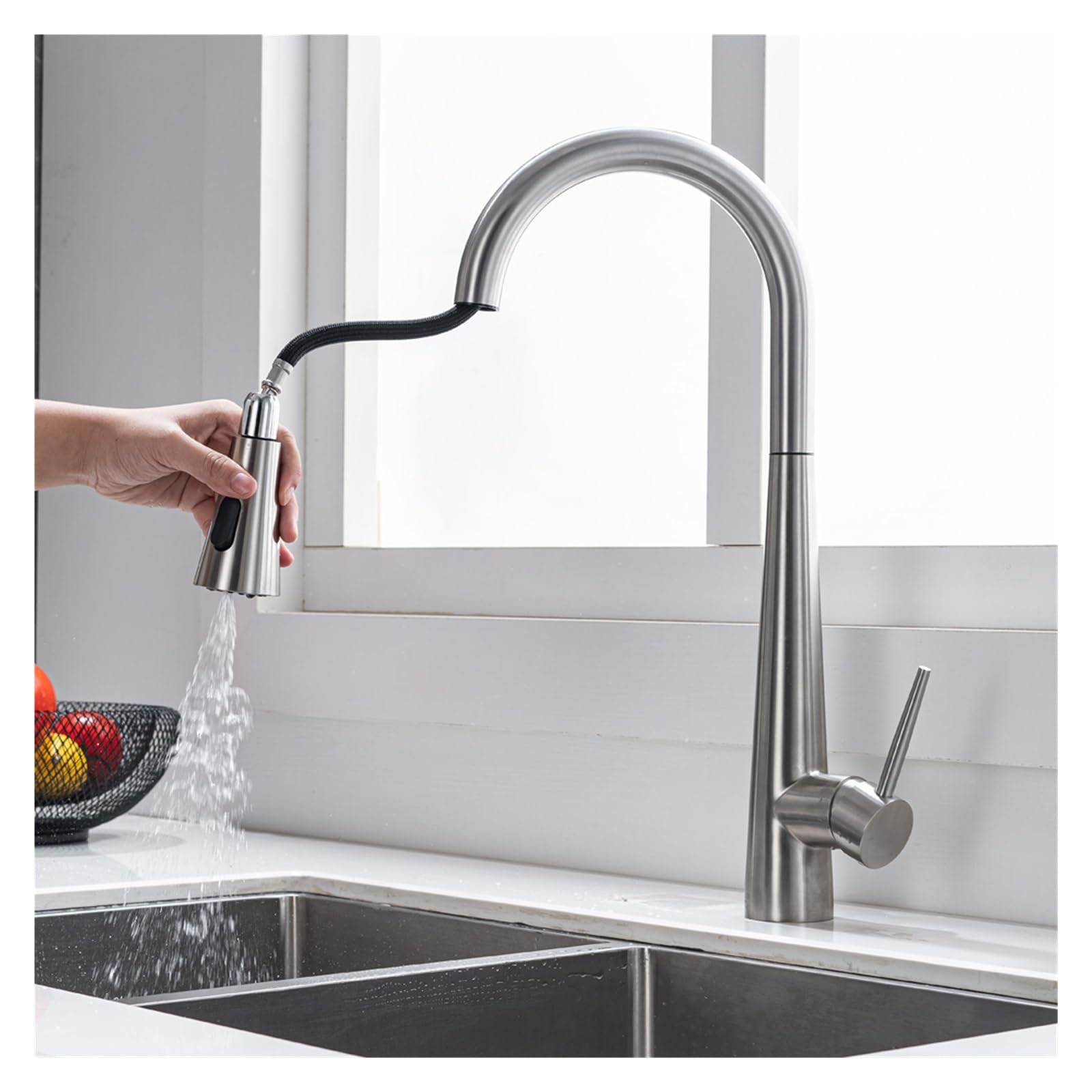 Robinet d'évier de cuisine pour îlot central, mitigeur multifonctionnel en nickel brossé