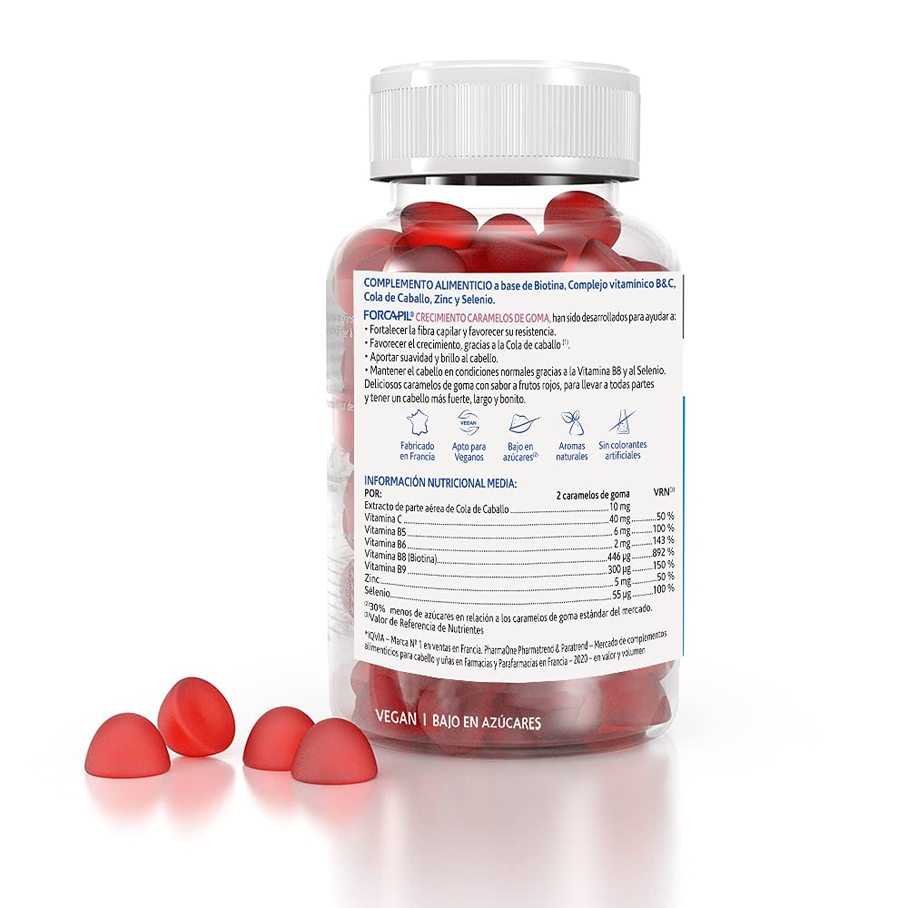 Arkopharma Forcapil Croissance, 60 gummies, Caramètres en caoutchouc Saveur fruits Rouge, Force, Vitalité et Brillant, Haute Concentration en biotine, Vitamine B et C, complément alimentaire