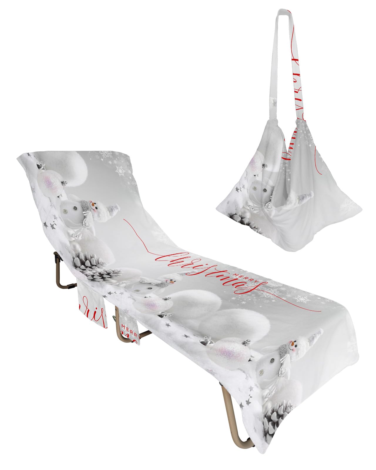 Grey Snowman Christmas Beach Lounge Chair Towel Cover, Soft Chaise Lounge Towel with Side Pockets Patio Pool Chairs Cover for Beach/Pool Sunbathing 29x85 Xmas Pine Cones Balls Snowflake