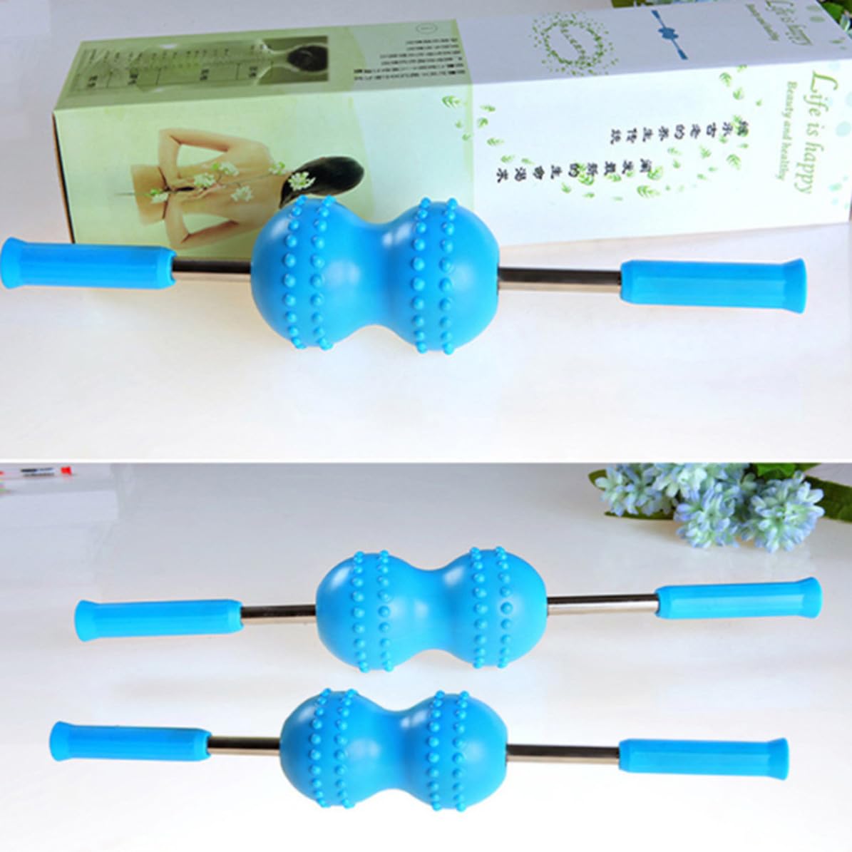 Rodillo Ergonómico Masaje Azul, Bola Cuello de Plástico Doble Diseño Relajación Profunda y en Hombros Brazos, Adecuado para Hombres y Mujeres