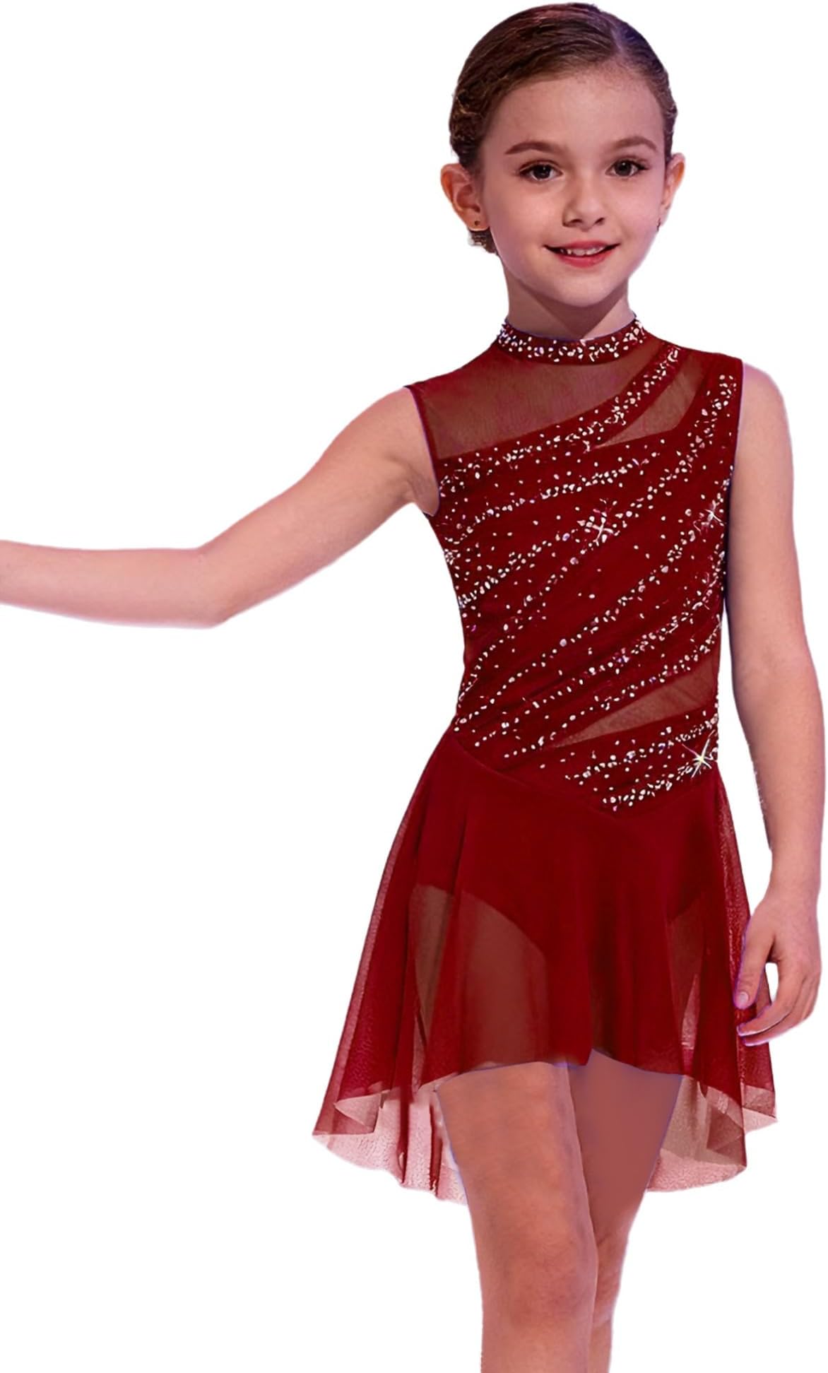 Kids Girls Lyrical Dance Dress Sleeveless Ballet Dance Skirted Leotard Sparkly Rhinestone Figure Skating Dresses