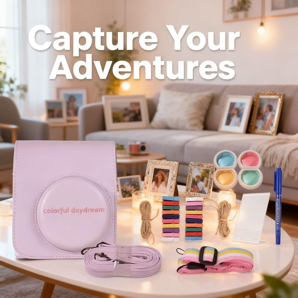 Instant Camera Accessories Bundle Kit Replacement for Mini 12, with Camera Bag, Strap, Photo Album, Clips, Frame, Stickers, and Pen - Protective PU Leather Bag, Decorative Photo (Pink)