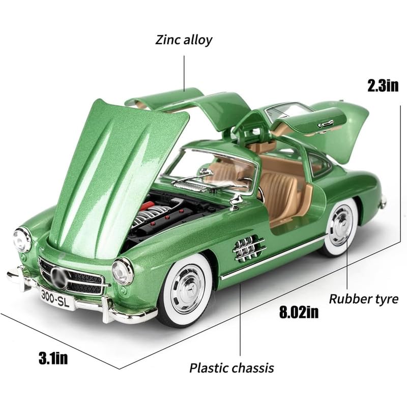 Image of Kids Model 1:24 Vintage 300 SL Classic Die Cast Metal Car Pull Back Action Opening Doors with Realistic Engine Sound Lights Toy Car Gift for Boys - Green