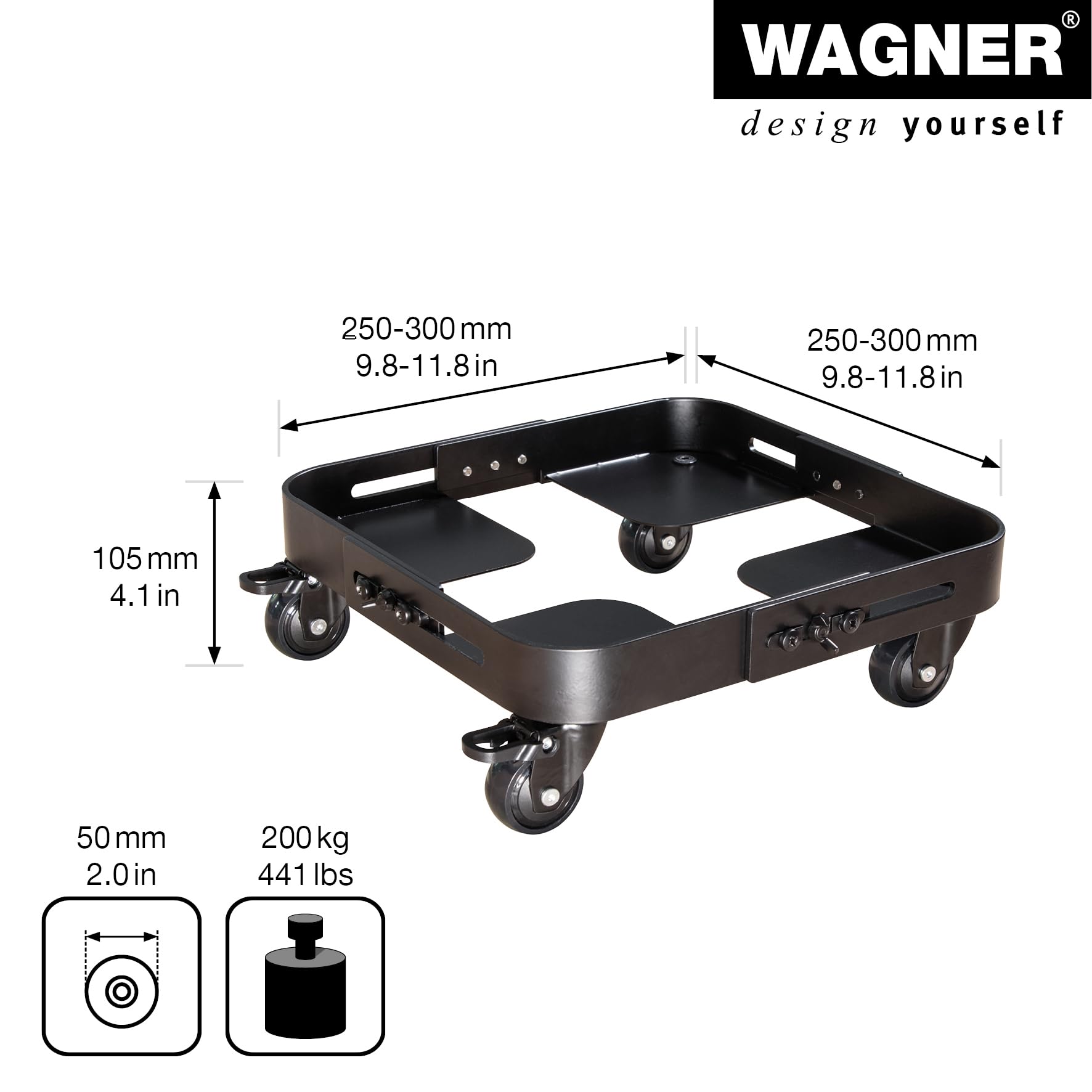 WAGNER Pflanzenroller Sun City Exclusive 25-30 x 10,5 cm I Nutzfläche, stufenlos ausziehbar I Blumenroller für Außenbereich + Innenbereich, Kübelroller Stahl, Tragkraft 200 kg - 20082101