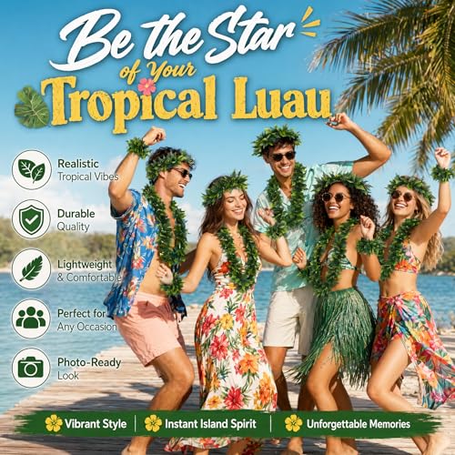 Image of Housoutil Hawaiian Green Leaf Leis Set, Green Hawaiian Party Garland, Tropical Hula Dance Accessories, Artificial Foliage Necklace Headband Wristbands, Summer Beach Jungle Hula Costume for Party