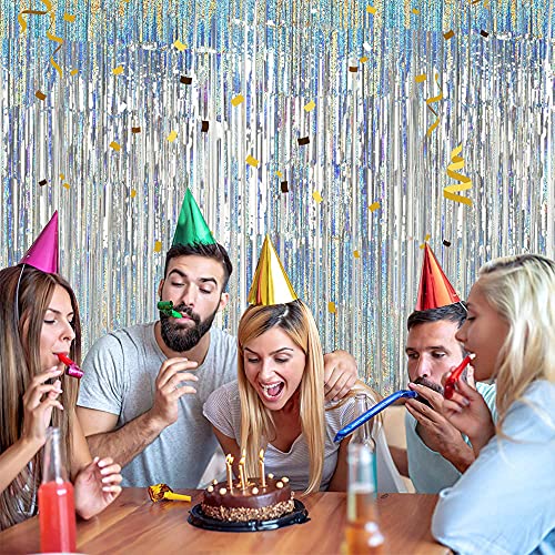 Image of 3 Pcs Sliver Laser Glitter Rain Curtain Foil Fringe Tinsel Backdrop 3.28ft x 6.56ft Gold Sparkle Metallic Foil Curtains for Photo Birthday Wedding Engagement Baby Shower Bachelorette Celebration Party