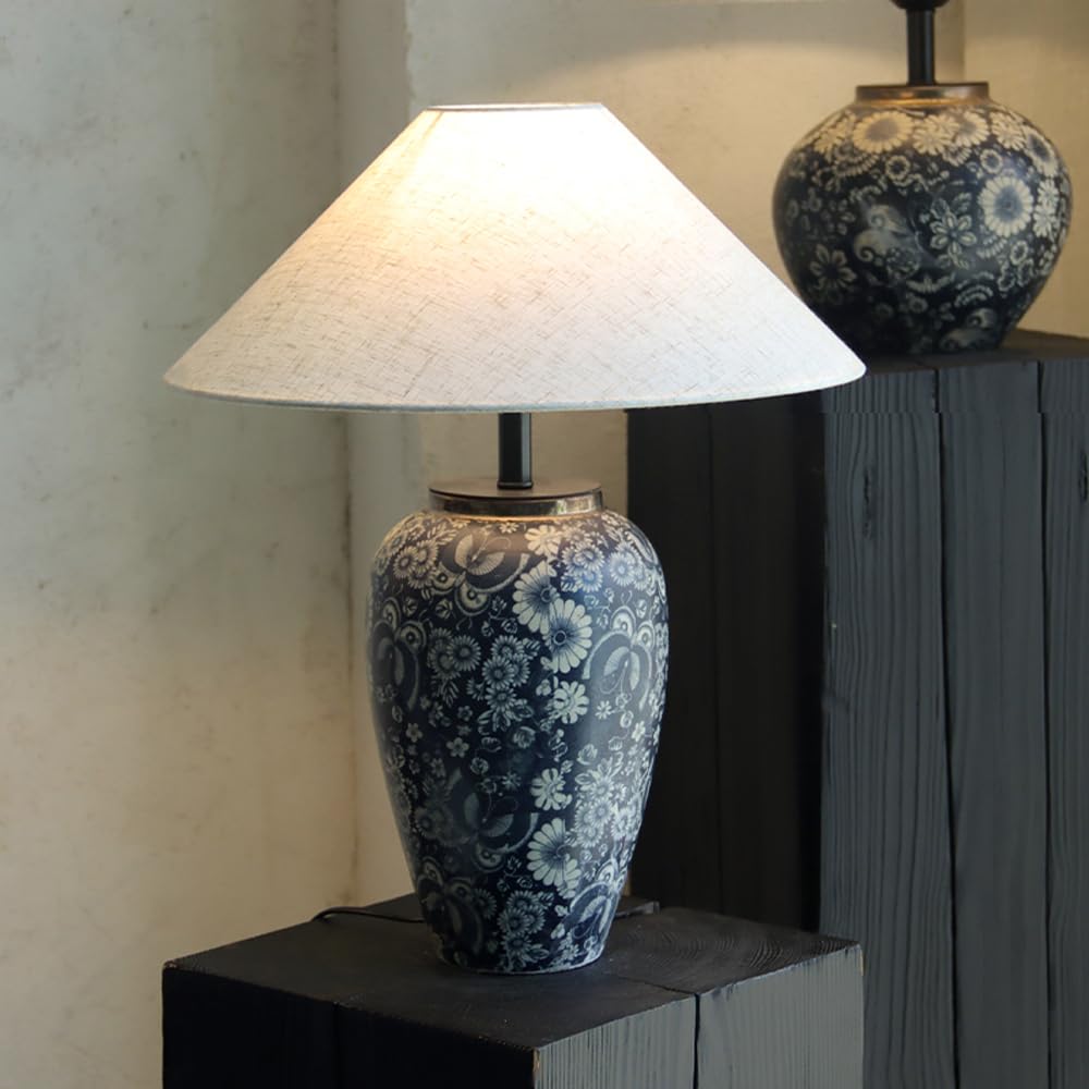 SANBDDLYY Vintage Floral Table Lamp - Rustic Blue Ceramic Mid Century for Living Room, Bedroom, and Office(50cm High)