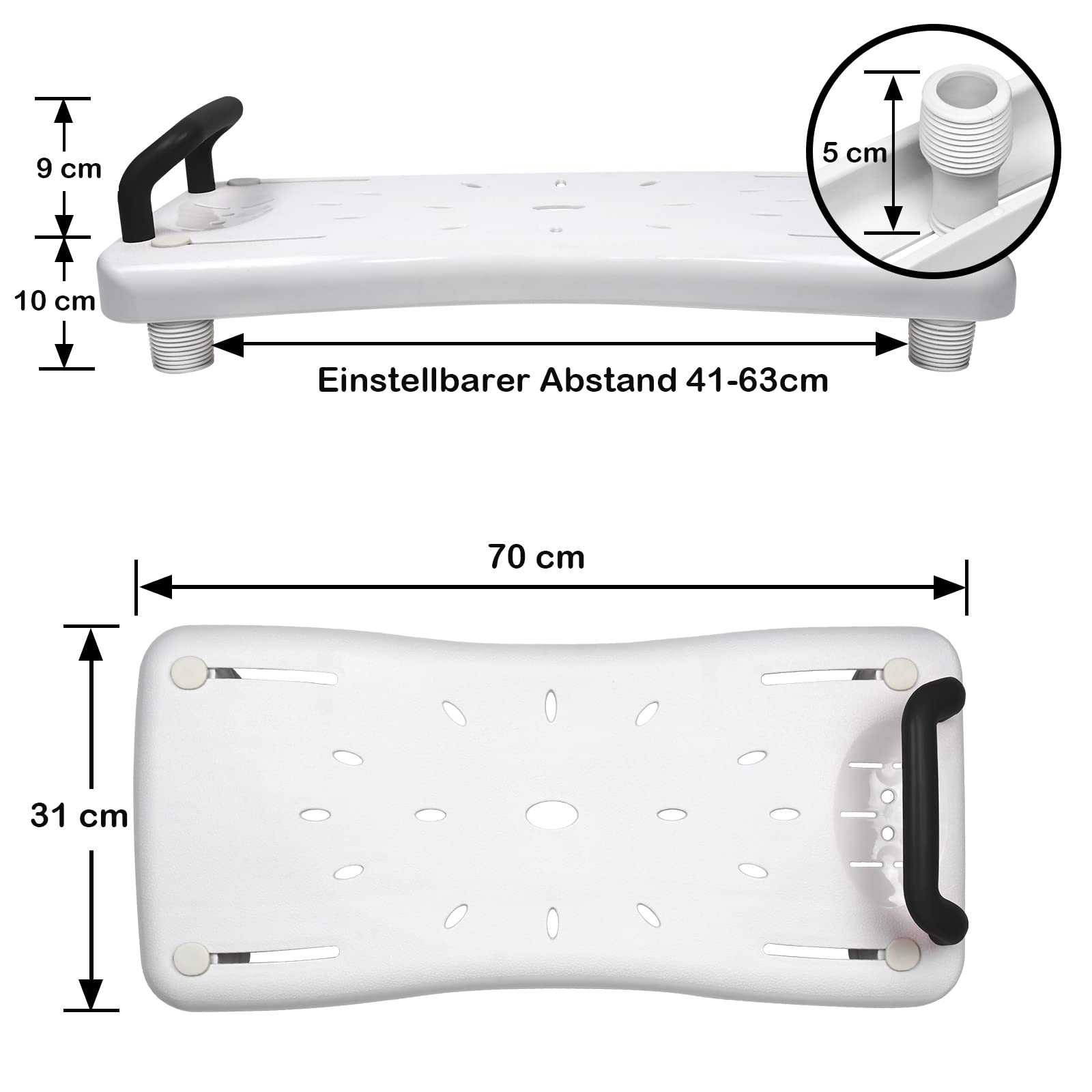 LZQ Badewannenbrett 70cm lang Badewannensitz Senioren mit Schwarz Griff und Seifenablage, Einstellbar Wannensitz Sitzbrett für Badewanne für Erwachsene bis max.150kg