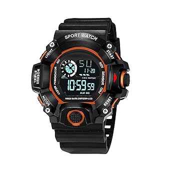 SHARK STONE Men's Digital Sports Multi Functional Black Dial Watch LED Screen Large Face Electronics Waterproof Alarm Stopwatch Back Light Outdoor Casual Black Watch