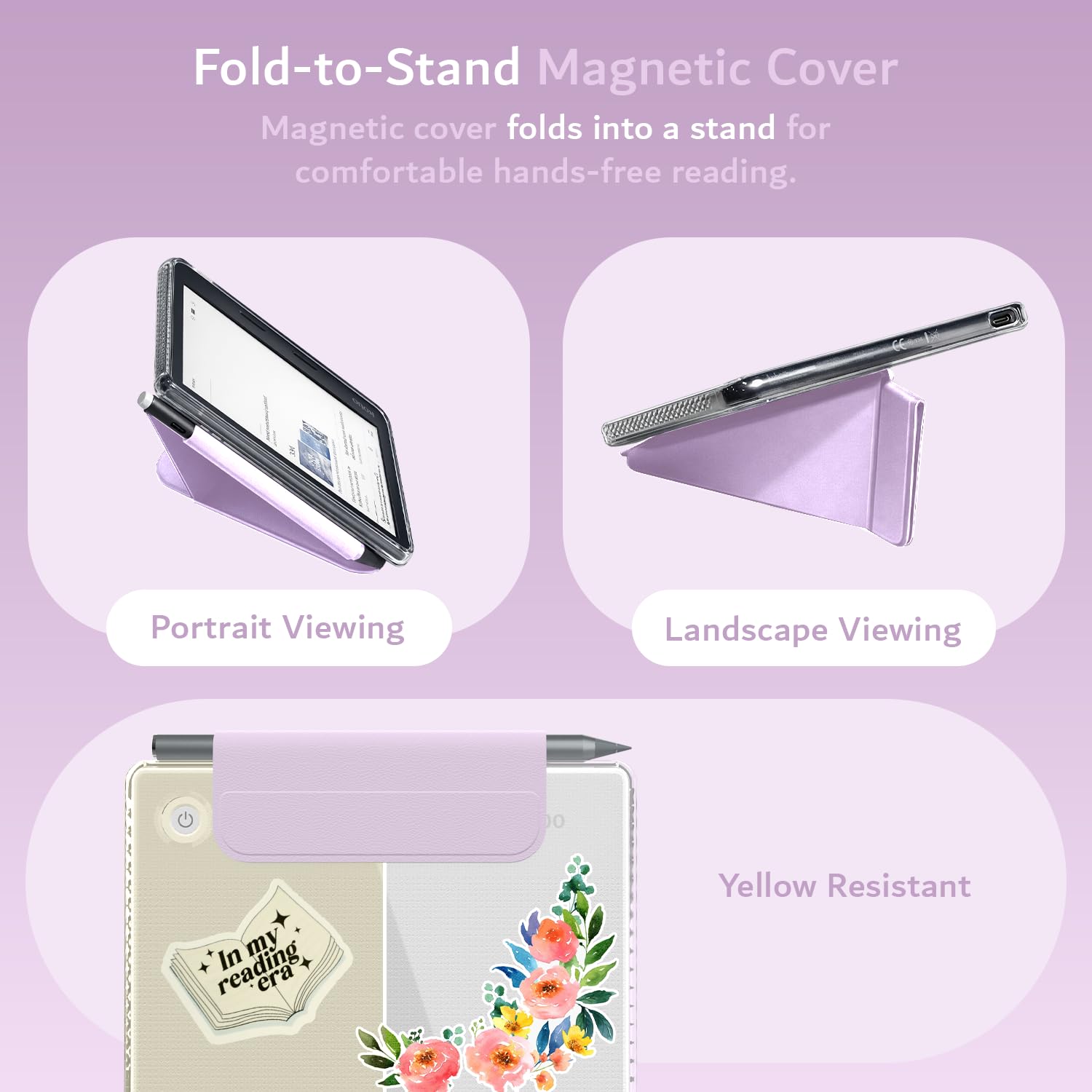 TUDIA M-FLIP Detachable Clear Magnetic Case for Kobo Libra Colour (2024) - [Auto Wake/Sleep] Shockproof Slim Transparent Back Magnetic Fold Cover with Stylus Holder (Purple) — view 7