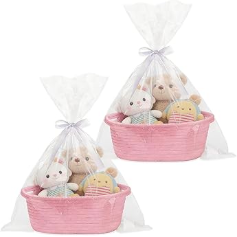 Pack of 2 Empty Gift Baskets Gift Basket Empty with Gift Bags and Ribbons Braided Basket for Gifts Cotton Rope Baskets for Baby Shower Birthday Christmas Wedding Easter Thanksgiving Pink