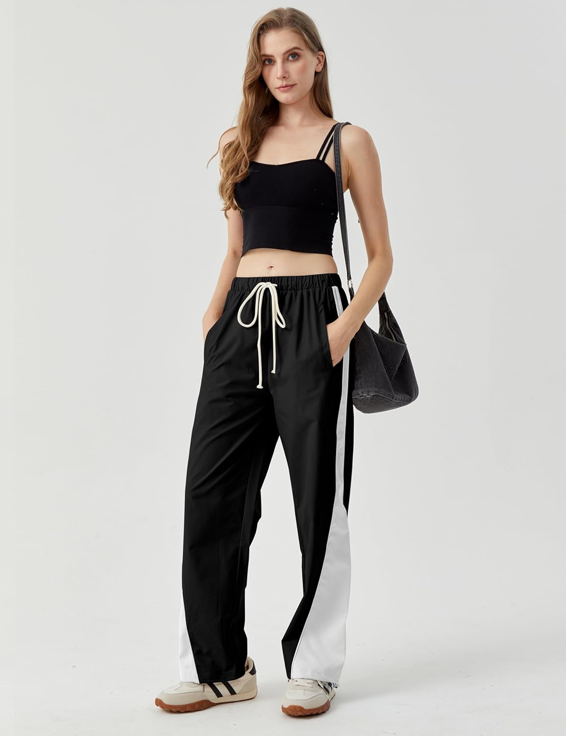 Womens Parachute Pants Color Block Wide Leg Baggy Trousers Y2K Elastic Waist Jogger Sweatpants Track Pants - Image 7