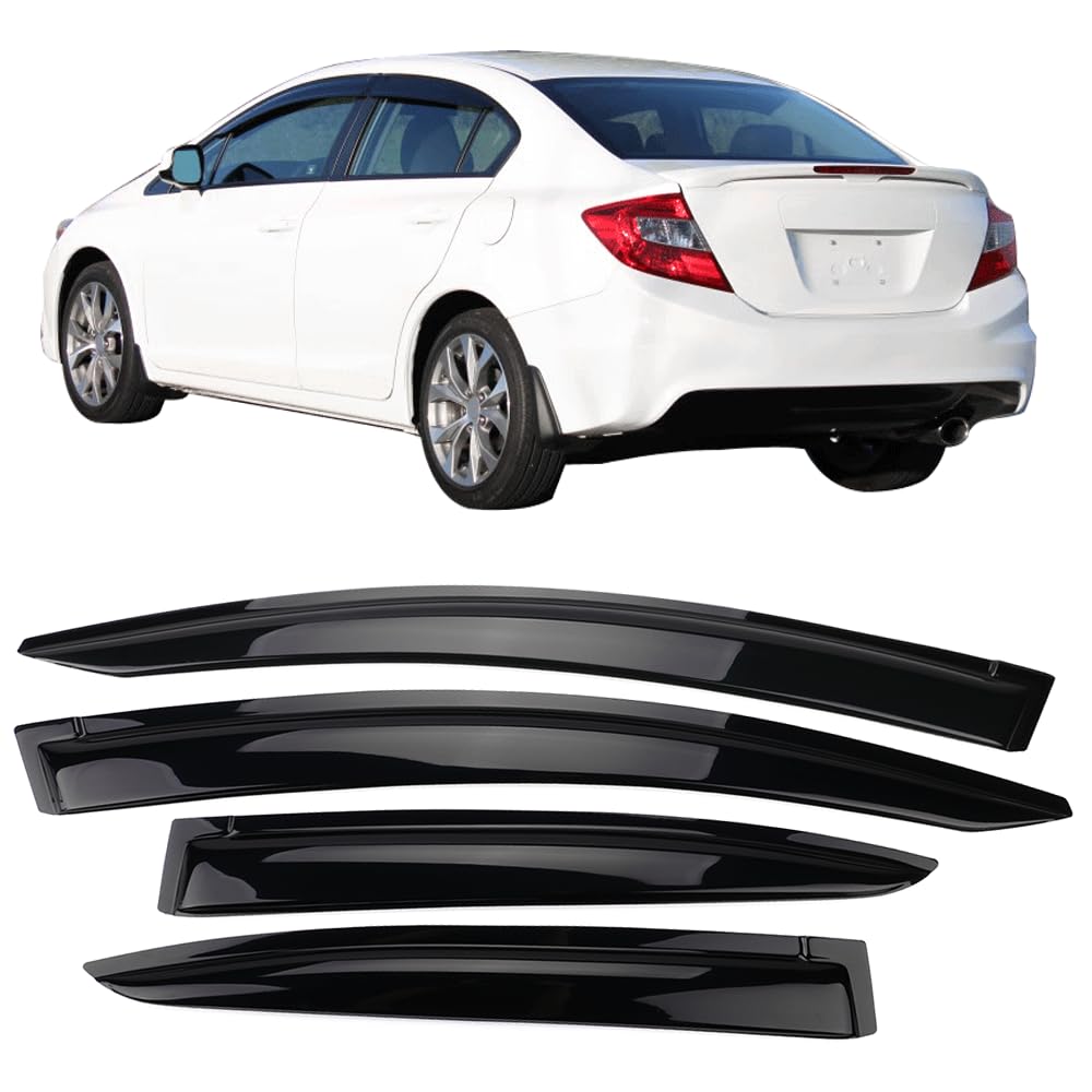 Tape on Outside Mount Window Visor Compatible with 2012-2015 Honda Civic Sedan, Slim Style Acrylic Smoke Tinted & Semi-Transparent Sun Rain Wind