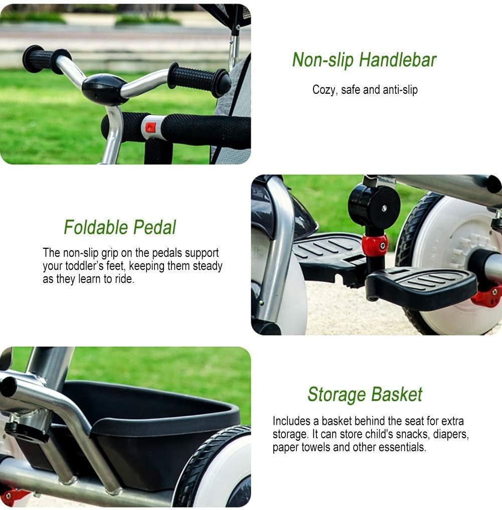 Tricycle Trike - Grey with Adjustable Canopy/Push Handle, Kids Tricycle for 1-6 Year Old Boys/Girls, 3 Wheel Toddler Bike