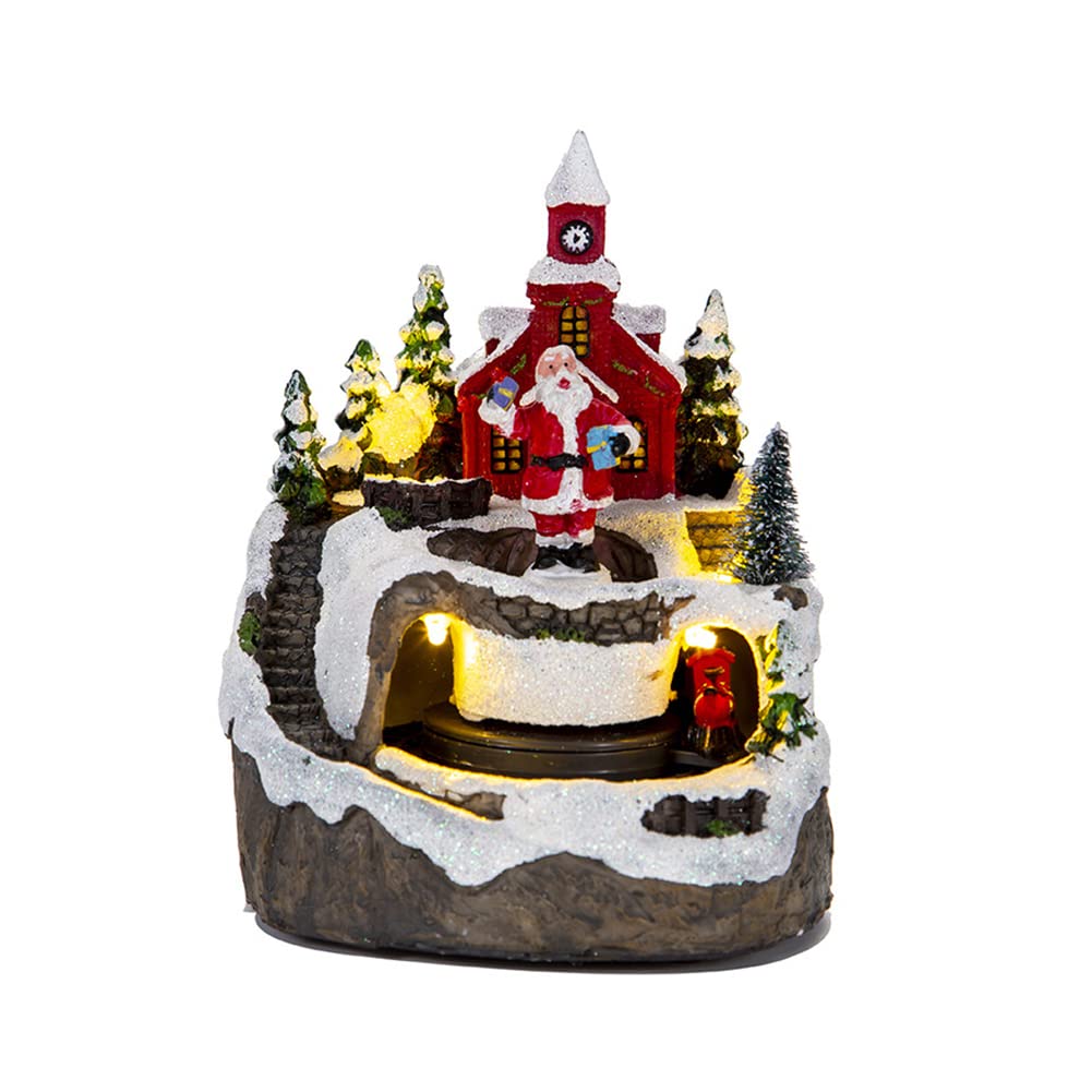 Uposao Decoración de Navidad LED Papá Noel muñeco de nieve resina con iluminación, música, casa de Navidad, miniatura, pueblo de Navidad, decoración con decoración de nieve, escena de Navidad, mesa