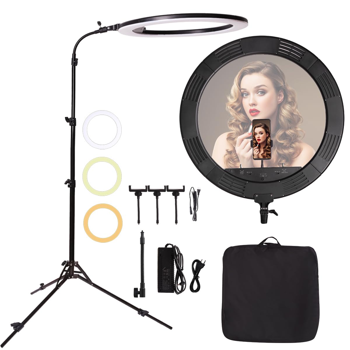 Anillo de luz grande bicolor de 75W con trípode regulable y soporte para móvil para vlog 7