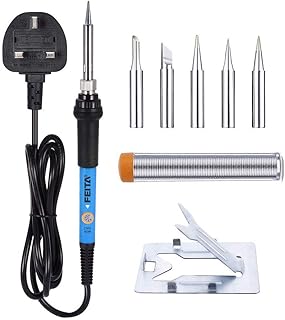 FEITA Soldering Iron Kit Electronics UK Plug AC240V with 5Pcs Different Solder Tips, Solder Wire, Solder Stand for Variously Electronic Repair