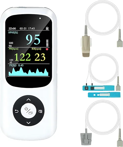 Rechargeable Handheld pulse oximeter overnight oximeter Continuous infant monitoring and adult/child finger sampling Adjustable pulse and SpO2 level alarm with RR