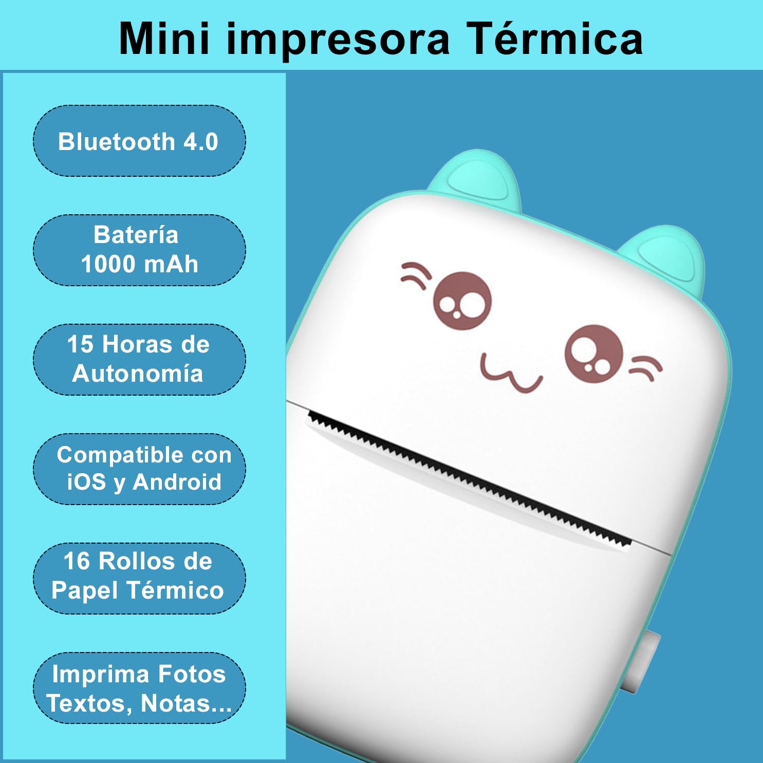 Mini Impresora Termica para Movil Compatible con iOS, Android Impresora Portatil Recargable Impresora Bluetooth, 16 Rollos de Papel (Azul)