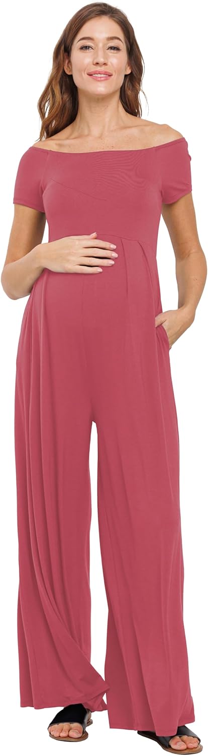 LaClef Women's Off Shoulder Maternity Jumpsuit with Pocket